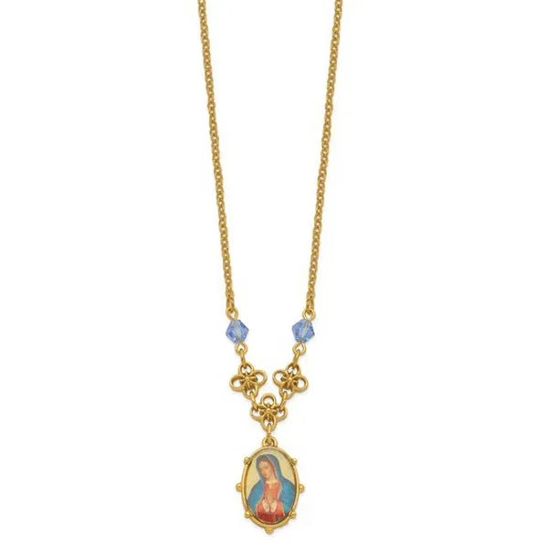 SOF Gold-tone Light Blue Crystal and Enamel Decal Mary16" with 3" ext Necklace