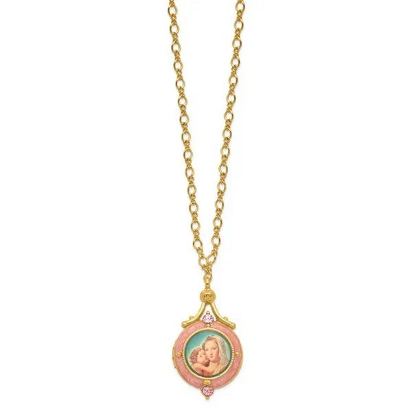 Symbols of Faith Gold-tone Pink Crystal and Pink Enamel Mary and Child 20mm Locket 17.5" Necklace Holds 2 Photos