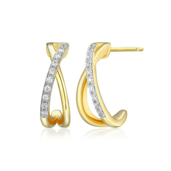 Crossover J-Hoop Stud Earrings in 14K Yellow Gold-Plated Sterling Silver