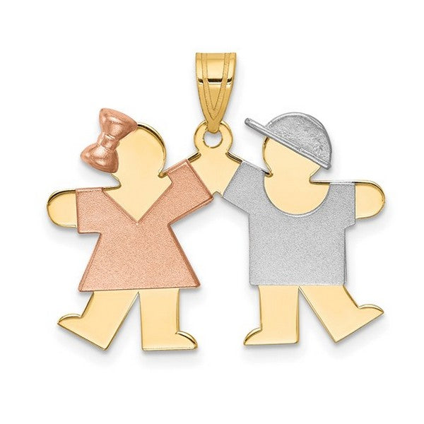 14k Tri-Color Small Girl on Left and Boy on Right Engravable Charm