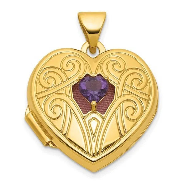 14k Polished Amethyst February Birthstone 18mm Heart Locket