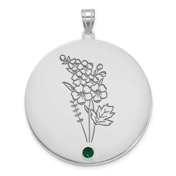 SS/Rhod-plated Circle with 1 Birth Flower and Birthstone Pendant