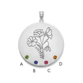 SS/Rhod-plated Circle with 4 Birth Flower and Birthstone Pendant
