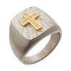 Gold IP Cross with Clear Cubic Zirconias on Steel Hammered Signet Rings