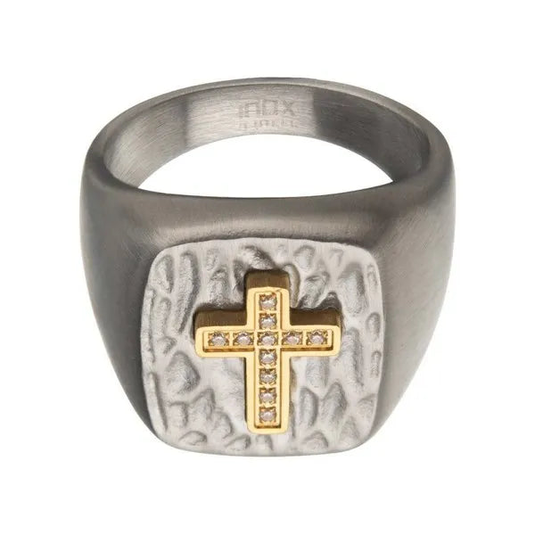 Gold IP Cross with Clear Cubic Zirconias on Steel Hammered Signet Rings