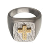 Gold IP Cross with Clear Cubic Zirconias on Steel Hammered Signet Rings