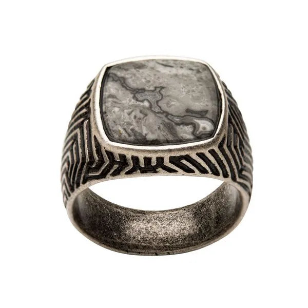 Men's Stainless Steel Silver IP with Gray Jasper Stone Ring