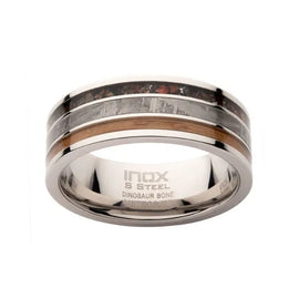 Meteorite & Whiskey Barrel Wood Inlay Comfort Fit Ring