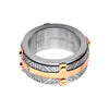 Rose Gold IP Bar Accent with Gray Steel Labyrintine Coin Stamped Pattern Ring