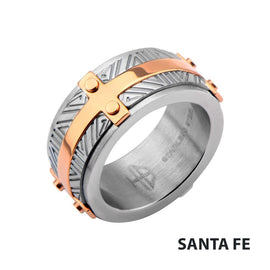 Rose Gold IP Bar Accent with Gray Steel Labyrintine Coin Stamped Pattern Ring