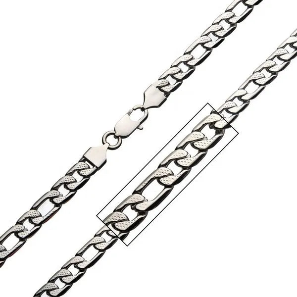 Men's Stainless Steel 7mm Polished Speckled Pattern Figaro Necklace
