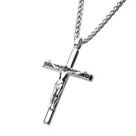 Black Sapphire Gem Jesus Christ Crucifix Cross Pendant with Wheat Chain