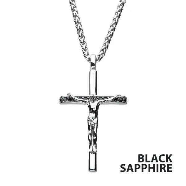 Black Sapphire Gem Jesus Christ Crucifix Cross Pendant with Wheat Chain
