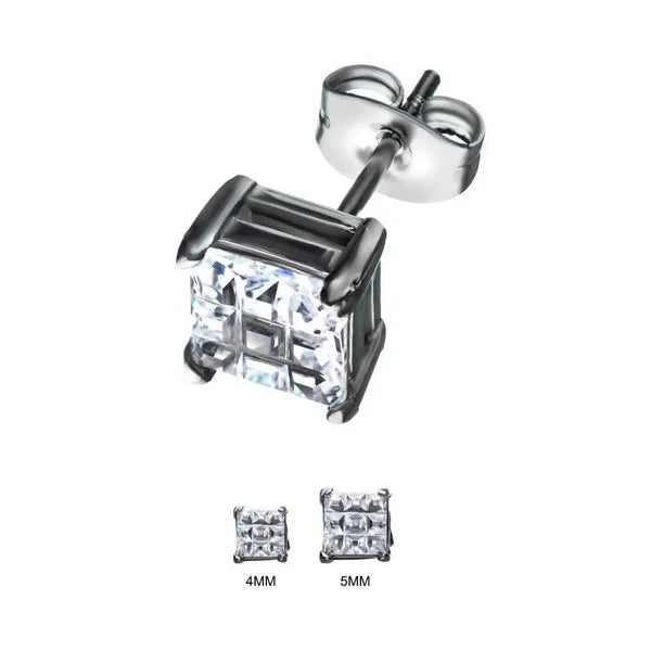 Stainless Steel with Hashtag Cubic Zirconia Square Cut Stud Earrings