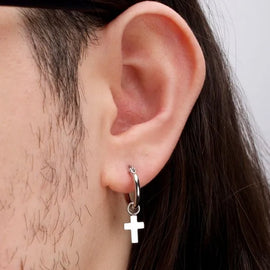 Steel Dangling Cross Hoop & Prong Set CZ Stud Mismatched Earrings