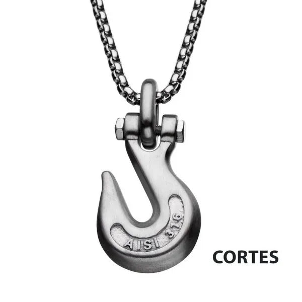 Matte Steel Clevis Grab Hook Anchor Pendant with Steel Bold Box Chain